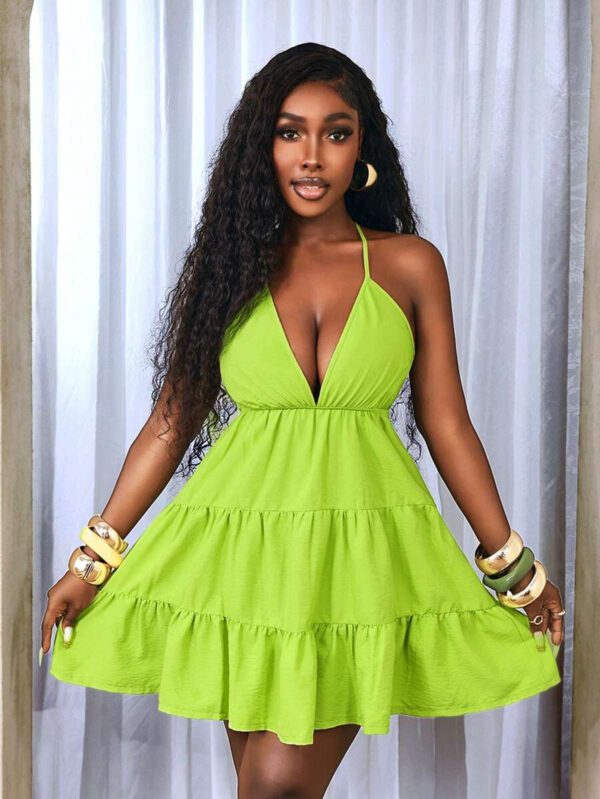BamGleam Women's Sexy Deep V-Neck Ruffle Trim Neon Green Dress – Image 4