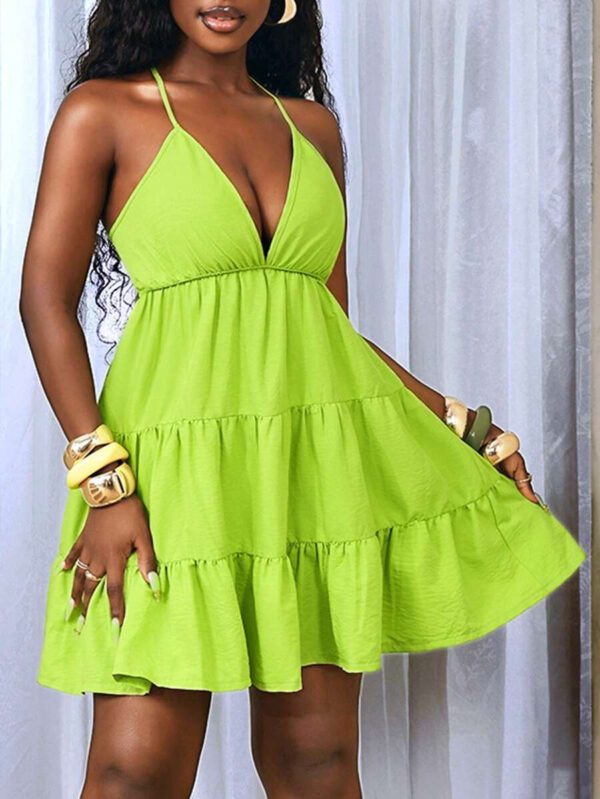 BamGleam Women's Sexy Deep V-Neck Ruffle Trim Neon Green Dress – Image 5