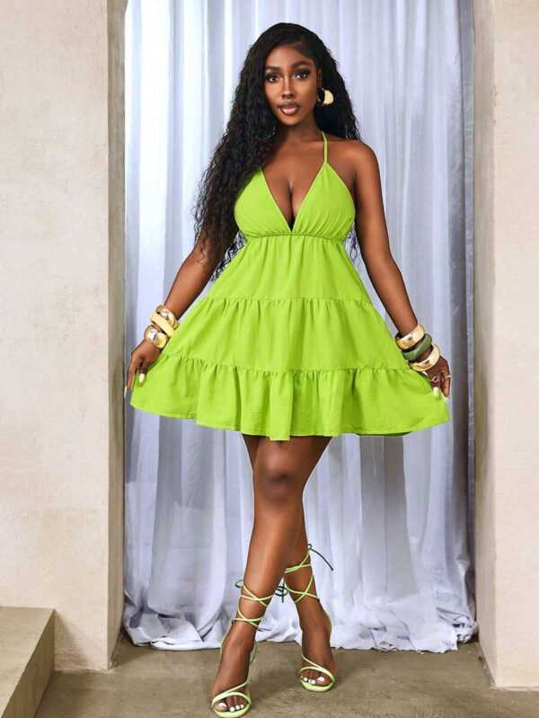 BamGleam Women's Sexy Deep V-Neck Ruffle Trim Neon Green Dress – Image 8