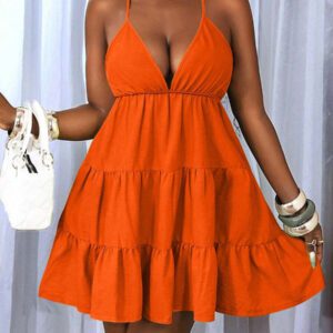 BamGleam Women's Sexy Deep V-Neck Ruffle Trim Neon Green Dress