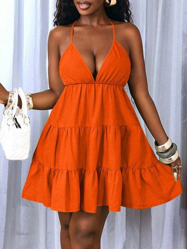 BamGleam Women's Sexy Deep V-Neck Ruffle Trim Neon Green Dress – Image 9