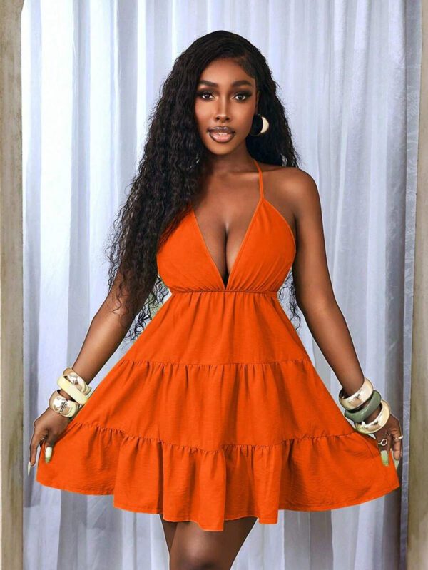 BamGleam Women's Sexy Deep V-Neck Ruffle Trim Neon Green Dress – Image 11