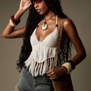 MISSGUIDED Bohemian Festival Crochet Halter Neck Top With Fringe Summer Beach Boho Crop Top With Beaded Details Hippie Music Festival Coachella Top