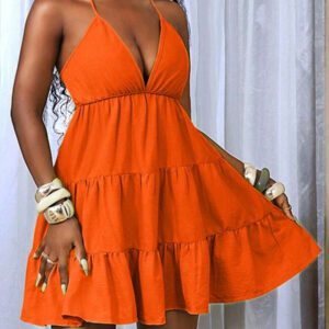 BamGleam Women's Sexy Deep V-Neck Ruffle Trim Neon Green Dress