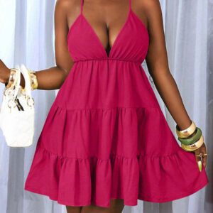 BamGleam Women's Sexy Deep V-Neck Ruffle Trim Neon Green Dress