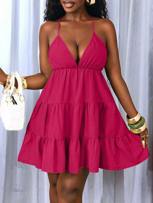 BamGleam Women's Sexy Deep V-Neck Ruffle Trim Neon Green Dress – Image 16