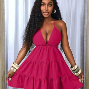 BamGleam Women's Sexy Deep V-Neck Ruffle Trim Neon Green Dress