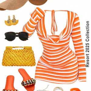 Slaydiva Women's Simple Casual Vacation Hollow-Out Neckline Striped Textured Crochet Orange Dress, Suitable For Spring/Summer Music Festival, Western/Boho Style, Easter, Nashville, Birthday Party, Graduation, Daily Wear, Casual, Vacation, Cruise, Beach, Sunbathing, Fashion