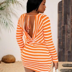 Slaydiva Women's Simple Casual Vacation Hollow-Out Neckline Striped Textured Crochet Orange Dress, Suitable For Spring/Summer Music Festival, Western/Boho Style, Easter, Nashville, Birthday Party, Graduation, Daily Wear, Casual, Vacation, Cruise, Beach, Sunbathing, Fashion