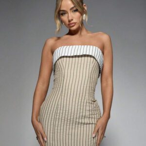 MISSGUIDED Ribbed Bandeau Mini Dress With Contrast Band Strapless Fitted Party Cocktail Evening Clubwear Summer Spring Night Out