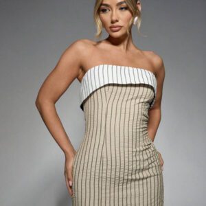 MISSGUIDED Ribbed Bandeau Mini Dress With Contrast Band Strapless Fitted Party Cocktail Evening Clubwear Summer Spring Night Out