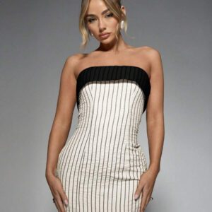 MISSGUIDED Ribbed Bandeau Mini Dress With Contrast Band Strapless Fitted Party Cocktail Evening Clubwear Summer Spring Night Out