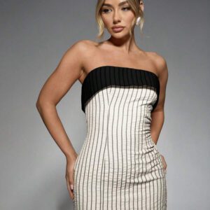 MISSGUIDED Ribbed Bandeau Mini Dress With Contrast Band Strapless Fitted Party Cocktail Evening Clubwear Summer Spring Night Out