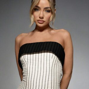 MISSGUIDED Ribbed Bandeau Mini Dress With Contrast Band Strapless Fitted Party Cocktail Evening Clubwear Summer Spring Night Out