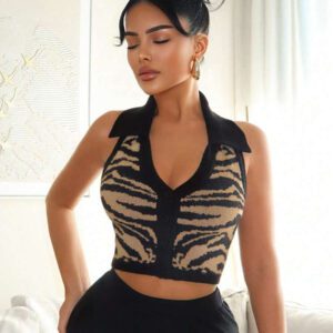 SHEIN SXY Women Button Front Sleeveless Casual Slim Fit Knit Top,Animal Print,Sweaters For Women,Cardigan Sweaters For Women,Sweater Vest,Going Out