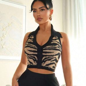 SHEIN SXY Women Button Front Sleeveless Casual Slim Fit Knit Top,Animal Print,Sweaters For Women,Cardigan Sweaters For Women,Sweater Vest,Going Out