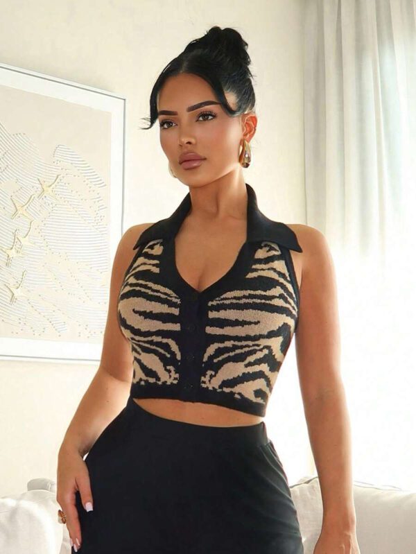 SHEIN SXY Women Button Front Sleeveless Casual Slim Fit Knit Top,Animal Print,Sweaters For Women,Cardigan Sweaters For Women,Sweater Vest,Going Out – Image 6