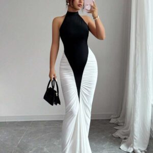 Elenzga Women's Black & White Color Block Design Halter Waist Fitted Fishtail Hem Elegant Midi Dress, For Daily Commute