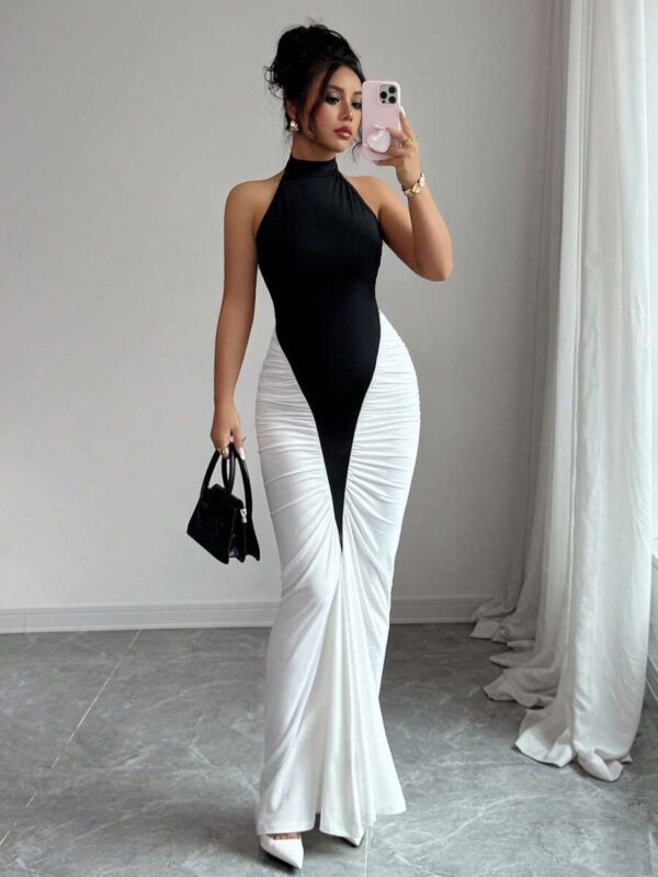 Elenzga Women's Black & White Color Block Design Halter Waist Fitted Fishtail Hem Elegant Midi Dress, For Daily Commute – Image 2