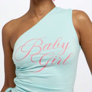 SUMWON WOMEN One Shoulder Baby Girl Script Graphic Top Ruched Side Detail Summer Festival Concert Casual Party Clubwear