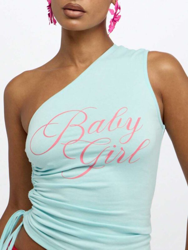 SUMWON WOMEN One Shoulder Baby Girl Script Graphic Top Ruched Side Detail Summer Festival Concert Casual Party Clubwear – Image 9