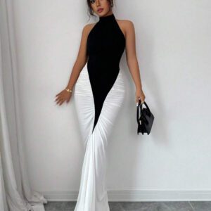 Elenzga Women's Black & White Color Block Design Halter Waist Fitted Fishtail Hem Elegant Midi Dress, For Daily Commute