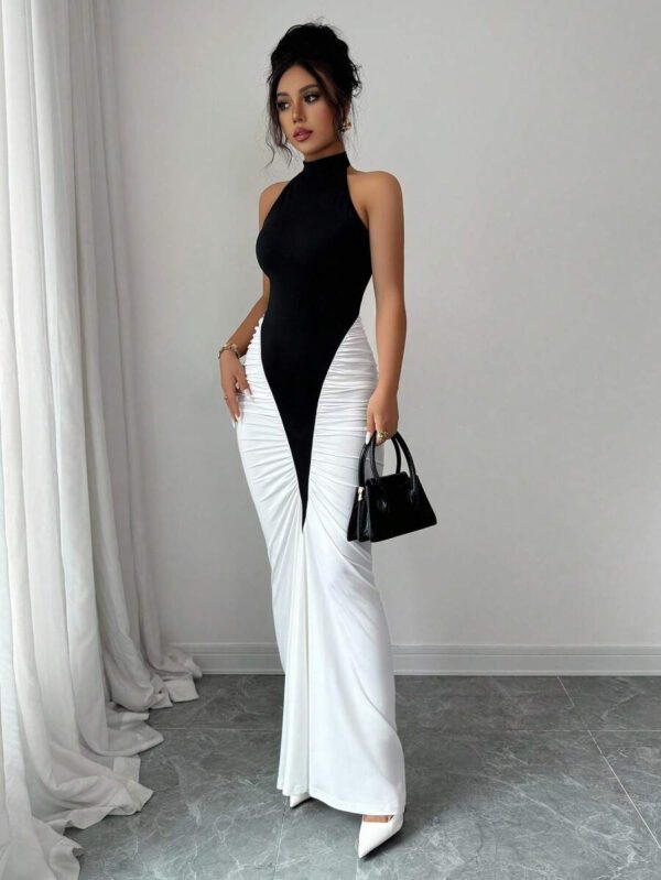 Elenzga Women's Black & White Color Block Design Halter Waist Fitted Fishtail Hem Elegant Midi Dress, For Daily Commute – Image 5