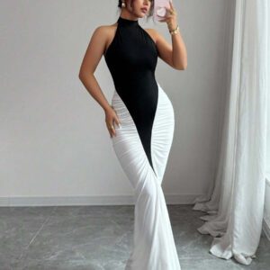 Elenzga Women's Black & White Color Block Design Halter Waist Fitted Fishtail Hem Elegant Midi Dress, For Daily Commute