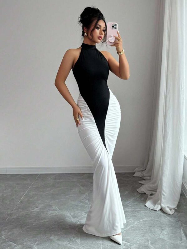 Elenzga Women's Black & White Color Block Design Halter Waist Fitted Fishtail Hem Elegant Midi Dress, For Daily Commute – Image 6