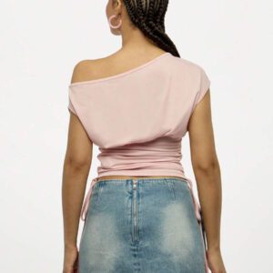 SUMWON WOMEN Off Shoulder Ruched Crop Top Geometric Print Side Drawstring Design Fall Spring Casual Y2K Street Style Festival Concert Dance Club Party Wear Off The Shoulder Top
