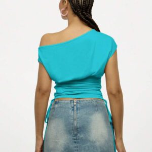 SUMWON WOMEN Off Shoulder Ruched Crop Top Geometric Print Side Drawstring Design Fall Spring Casual Y2K Street Style Festival Concert Dance Club Party Wear Off The Shoulder Top