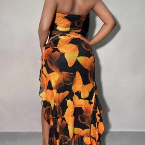 SHEIN SXY Summer Butterfly Print Flowy Ruffle Hem Backless High Slit Fitted Dress
