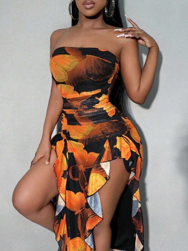 SHEIN SXY Summer Butterfly Print Flowy Ruffle Hem Backless High Slit Fitted Dress – Image 10