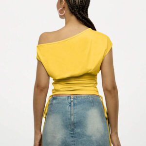 SUMWON WOMEN Off Shoulder Ruched Crop Top Geometric Print Side Drawstring Design Fall Spring Casual Y2K Street Style Festival Concert Dance Club Party Wear Off The Shoulder Top