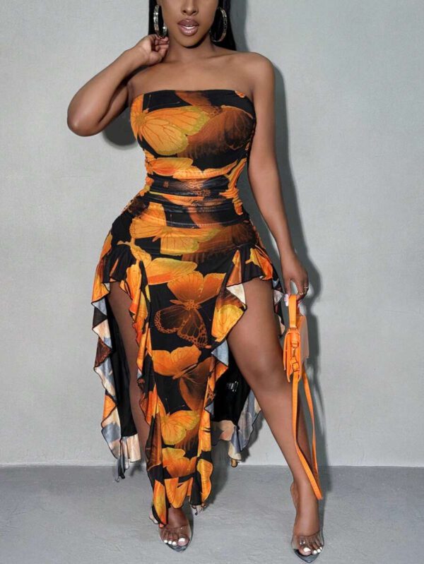 SHEIN SXY Summer Butterfly Print Flowy Ruffle Hem Backless High Slit Fitted Dress – Image 13