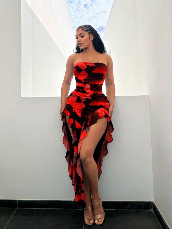 SHEIN SXY Summer Butterfly Print Flowy Ruffle Hem Backless High Slit Fitted Dress – Image 14