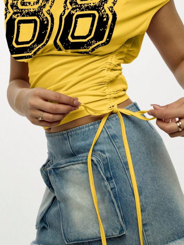 SUMWON WOMEN Off Shoulder Ruched Crop Top Geometric Print Side Drawstring Design Fall Spring Casual Y2K Street Style Festival Concert Dance Club Party Wear Off The Shoulder Top – Image 21