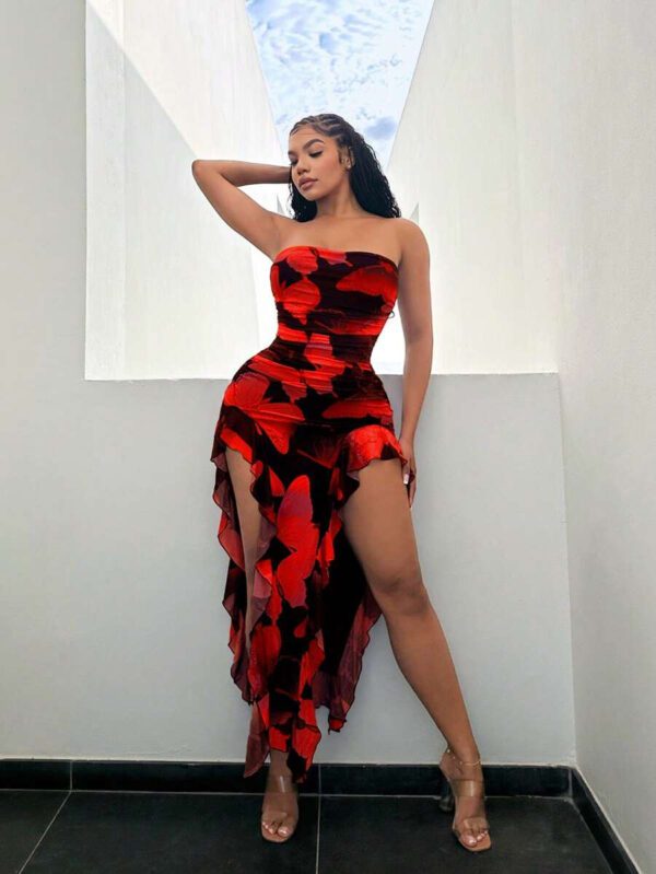 SHEIN SXY Summer Butterfly Print Flowy Ruffle Hem Backless High Slit Fitted Dress – Image 17