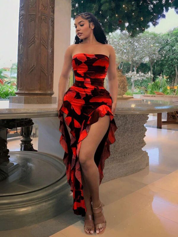 SHEIN SXY Summer Butterfly Print Flowy Ruffle Hem Backless High Slit Fitted Dress – Image 18