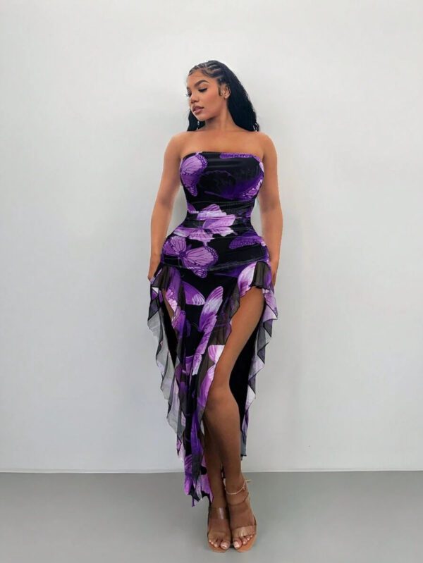 SHEIN SXY Summer Butterfly Print Flowy Ruffle Hem Backless High Slit Fitted Dress – Image 19