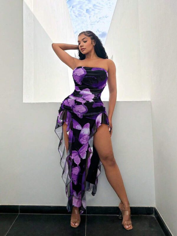 SHEIN SXY Summer Butterfly Print Flowy Ruffle Hem Backless High Slit Fitted Dress – Image 21