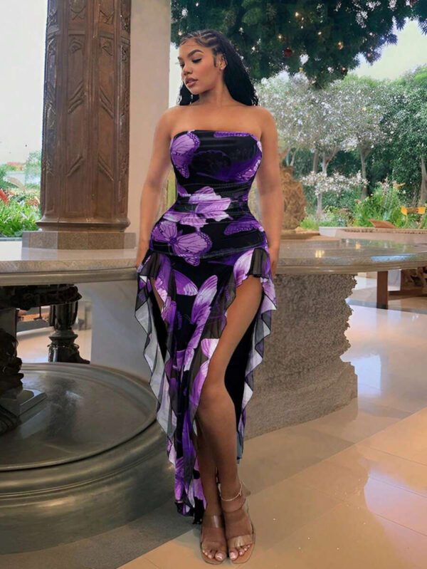 SHEIN SXY Summer Butterfly Print Flowy Ruffle Hem Backless High Slit Fitted Dress – Image 23