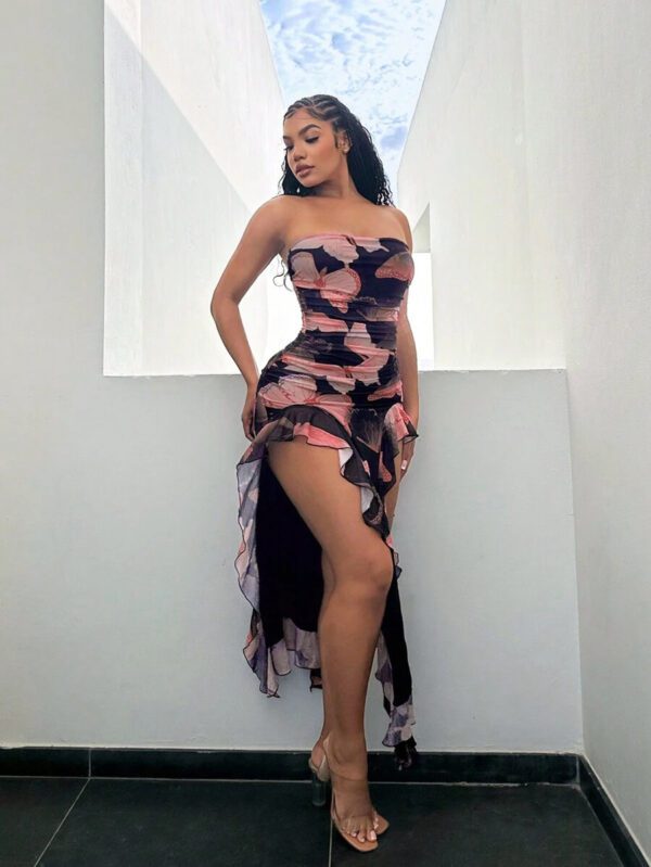 SHEIN SXY Summer Butterfly Print Flowy Ruffle Hem Backless High Slit Fitted Dress – Image 27