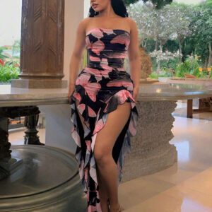 SHEIN SXY Summer Butterfly Print Flowy Ruffle Hem Backless High Slit Fitted Dress