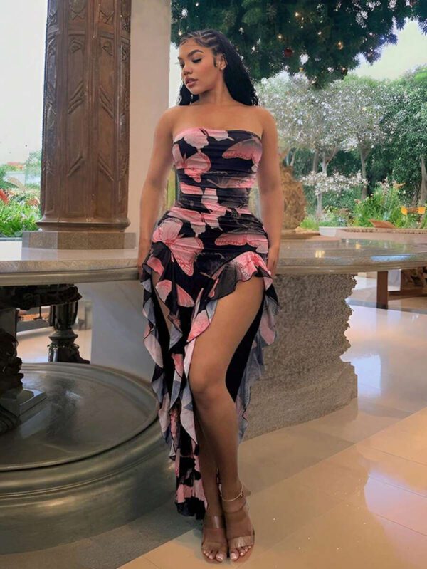 SHEIN SXY Summer Butterfly Print Flowy Ruffle Hem Backless High Slit Fitted Dress – Image 29