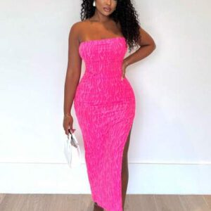 Alexandranx Prom DressSummerValentine's Day Ladies Light Khaki Sexy Elegant High-End Charming Jacquard Textured Tube Top Tight High Elastic Slit Long Dress