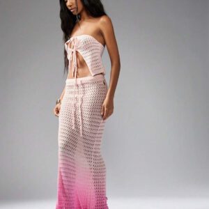 MISSGUIDED Crochet Knit Two-Piece Set Ombre Beach Cover Up Festival Outfit Summer Crop Top Maxi Skirt Matching Set Boho Resort Wear