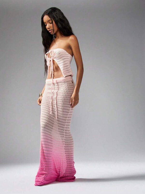 MISSGUIDED Crochet Knit Two-Piece Set Ombre Beach Cover Up Festival Outfit Summer Crop Top Maxi Skirt Matching Set Boho Resort Wear – Image 2