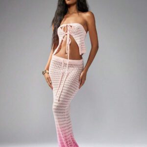 MISSGUIDED Crochet Knit Two-Piece Set Ombre Beach Cover Up Festival Outfit Summer Crop Top Maxi Skirt Matching Set Boho Resort Wear
