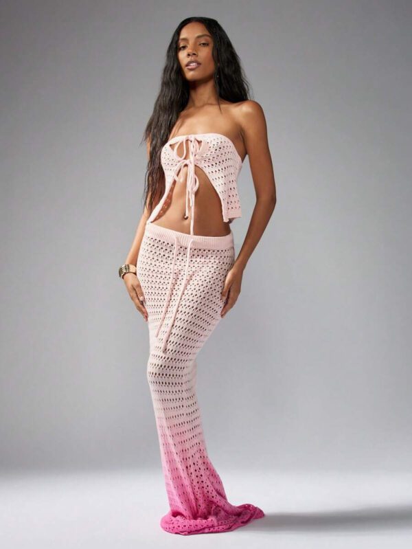 MISSGUIDED Crochet Knit Two-Piece Set Ombre Beach Cover Up Festival Outfit Summer Crop Top Maxi Skirt Matching Set Boho Resort Wear – Image 4